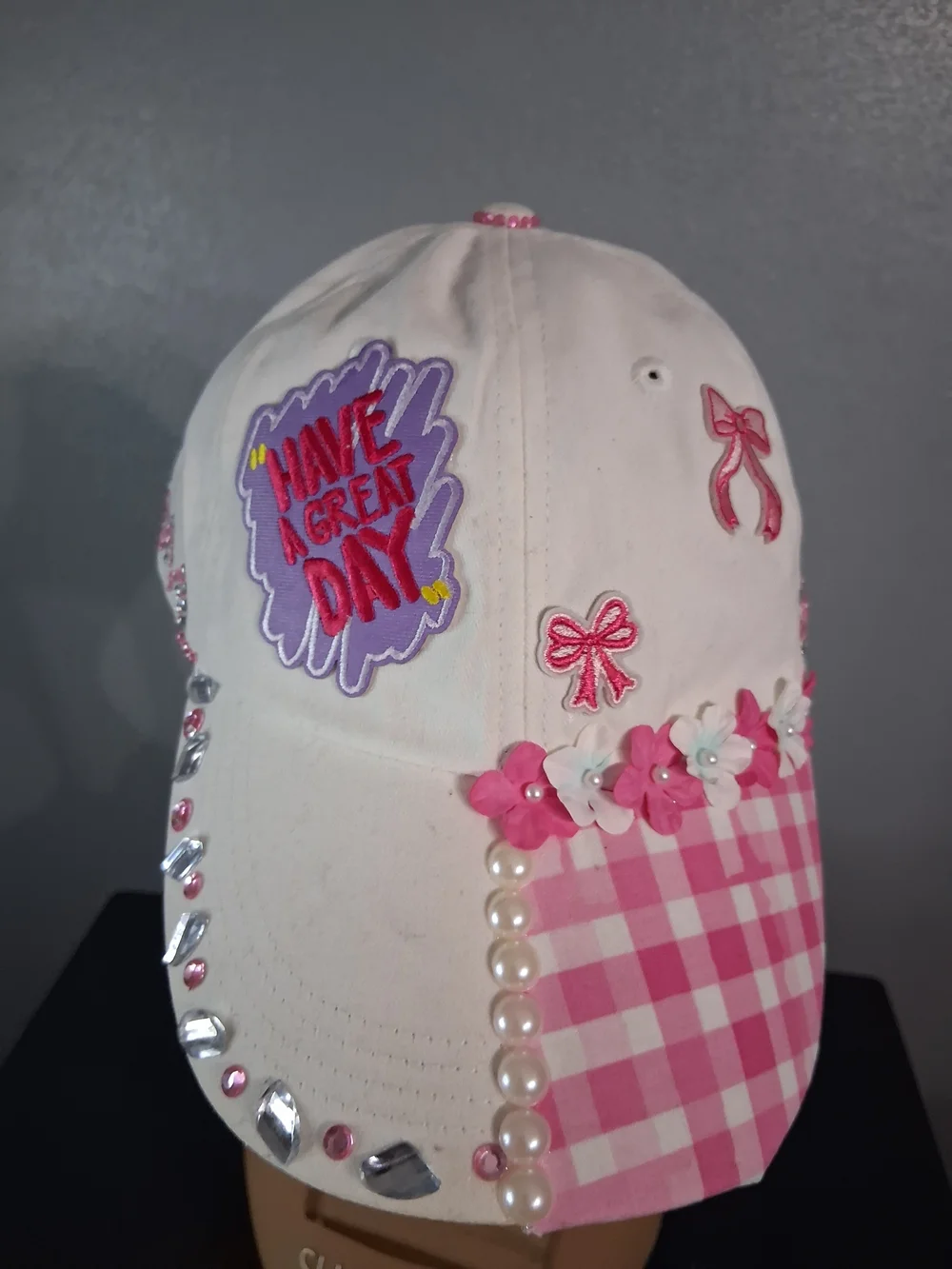 Hand Crafted White Pink Embellished Baseball Cap